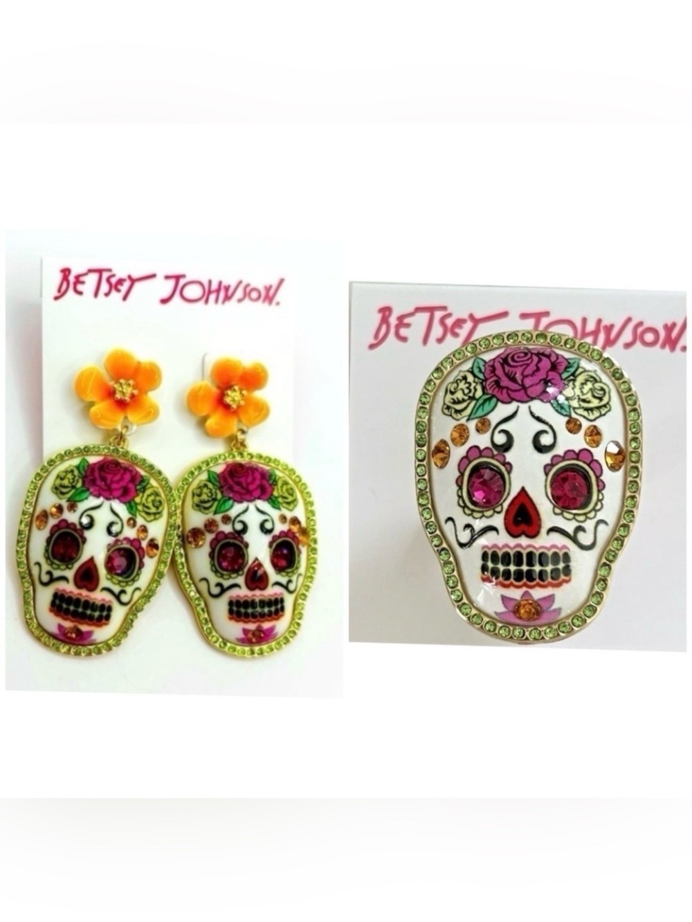 BETSEY JOHNSON SET Mexican Sugar Skull Day of the Dead Earrings & Ring NEW NWT